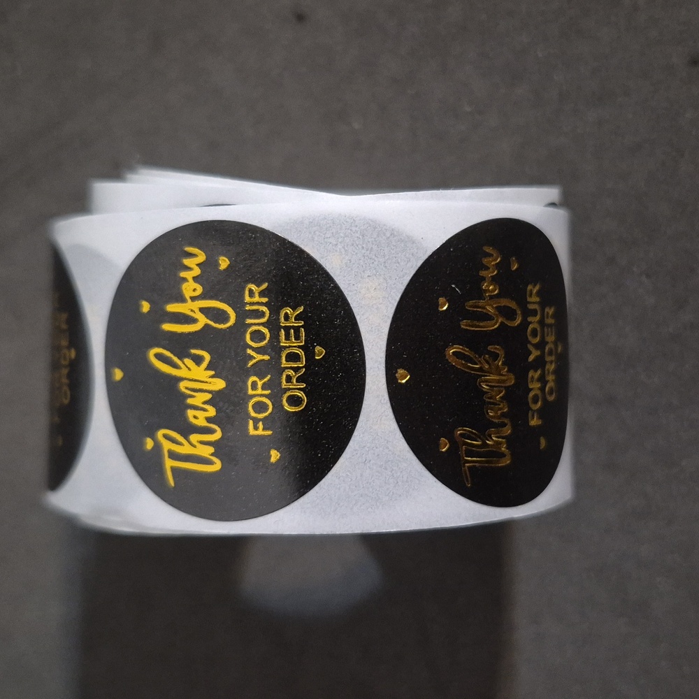Thank You For Your Order Stickers Roll 100 Black & Gold Round 1 X 1